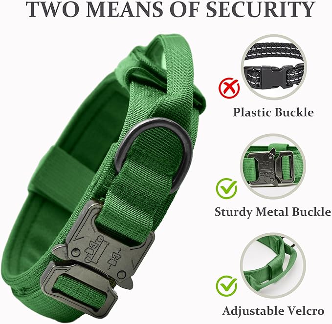 Tactical Dog Collar, Adjustable Military Training Nylon Dog Collar with Control Handle and Heavy Quick-Release Metal Buckle for Small Medium Large Dogs, Emerald Green M
