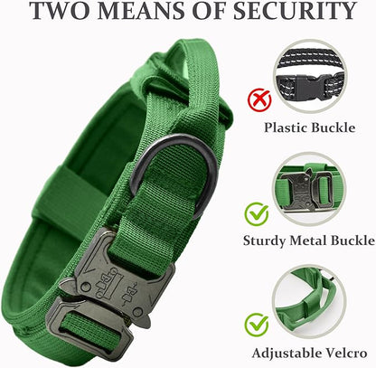 Tactical Dog Collar, Adjustable Military Training Nylon Dog Collar with Control Handle and Heavy Quick-Release Metal Buckle for Small Medium Large Dogs, Emerald Green M