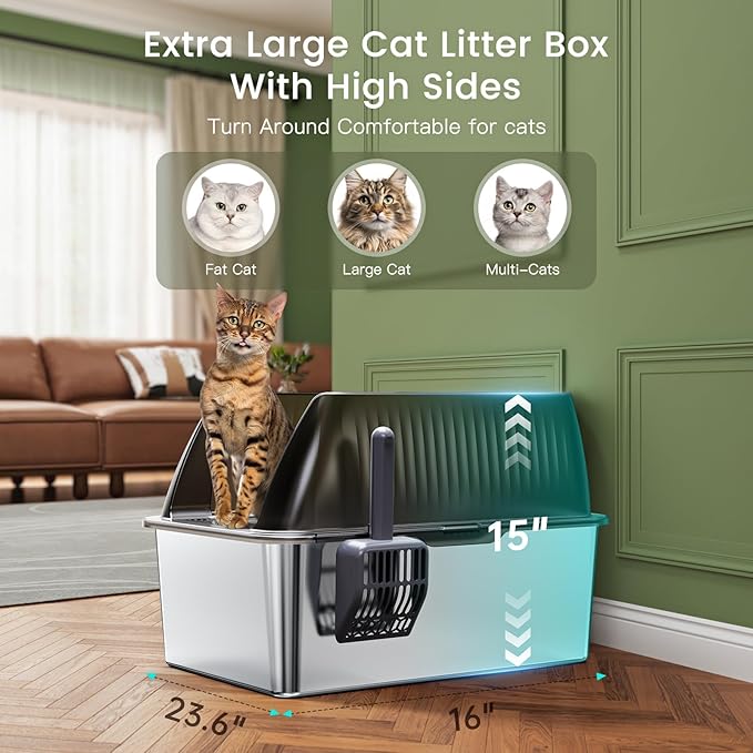Tripamin 15” XL Stainless Steel Cat Litter Box Enclosure, XXL Stainless Steel High Sides with Lid, Extra Large Metal Cat Litter Box (Transluce+Black, 2-pcs XX-Large)