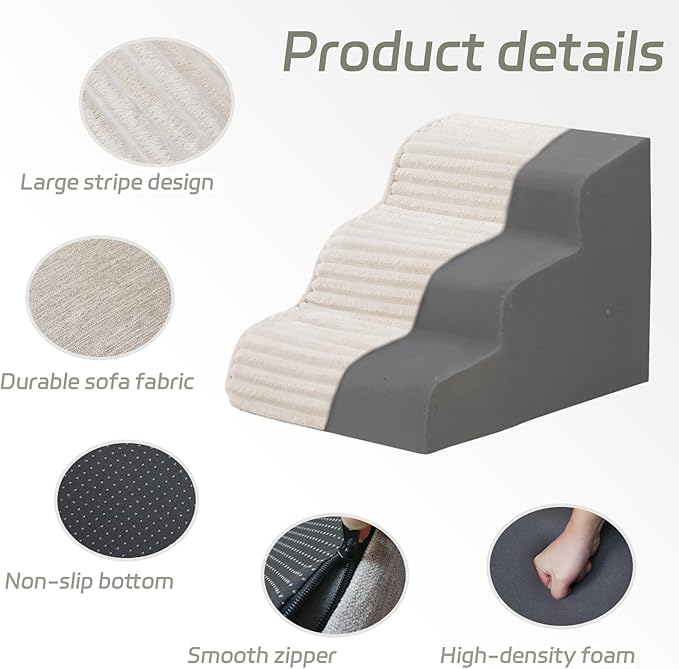 Dog Stairs for Small Dogs and Cats 18" H, High Density Support Foam Dog Steps Ramp for Bed and Couch, Pet Stairs with Non-Slip Bottom and Remove Washable Cover, 4-Step Pet Steps, Beige