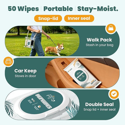 200 Count Dog Wipes & Cat Wipes (4x50 Packs) | Hypoallergenic, pH Balanced for Paws, Body, Face & Grooming |All-Natural Plant Fiber Wipes with Aloe, Coconut Oil & Vitamin E |Pearl Texture