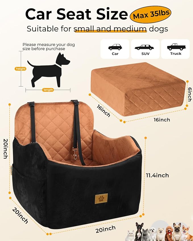 Dog Car Seat for Small/Medium Dogs, Detachable Washable Dog Booster Car Seat Under 35lbs, High-Support Memory Foam,Travel Bed with Storage Pockets