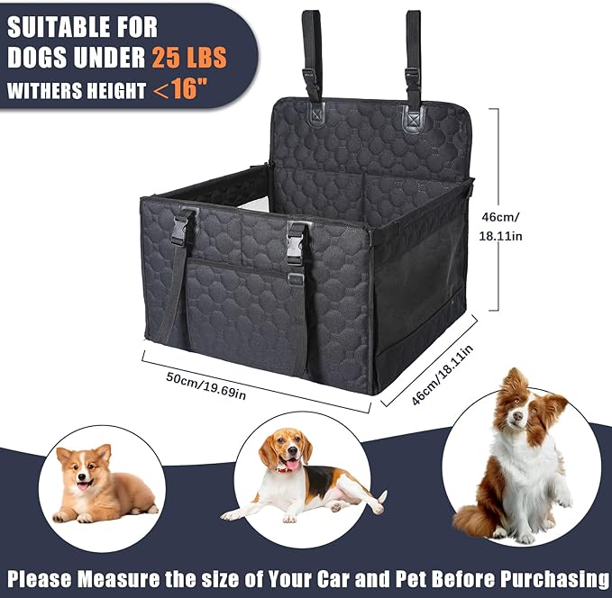 Dog Car Seat for Medium Small Dogs, Pet Car Seat with Adjustable Safety Belt & Storage Pockets, Breathable Waterproof Pet Car Seats Cover, Small Dog Seats for Dogs Under 30lbs (Medium, Black)