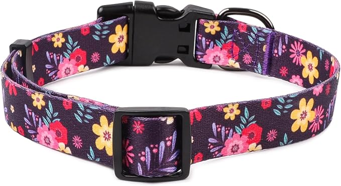 QQPETS Adjustable Soft Dog Collar: Print Flower Pink Multicolor Cute Patterns for XS Small Medium Large Pet Girl Boy Puppy Walking Running Training (L, Elegant Purple)
