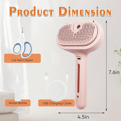 NATUYA Cat Steam Brush, Self-Cleaning Pet Brush for Dog and Cats Shedding Massaging Grooming, Cool Mist Only, Come With Cat Nail Clipper (Pink)