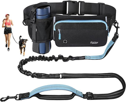 Hands Free Dog Leash, Adjustable Waist Leash for Walking with Dual Bungees Padded Handle, Shock Absorbing Hands Free Belt for Small Medium-Sized Dogs Outdoor Activities, Black+Blue