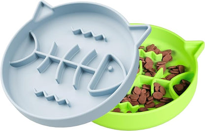 Silicone Cat Slow Feeder,Slow Feeder Bowl Wet Food with Suction Cups，Cat Interactive Toys,Effectively Reduce Overeating in Kitty (Blue+ Green, 1 Cup)