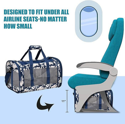 Soft-Sided Kennel Pet Carrier for Small Dogs, Cats, Puppy, Airline Approved Cat Carriers Dog Carrier Collapsible, Travel Handbag & Car Seat (Blue White Floral, 19" L x 11" W x 11" H)