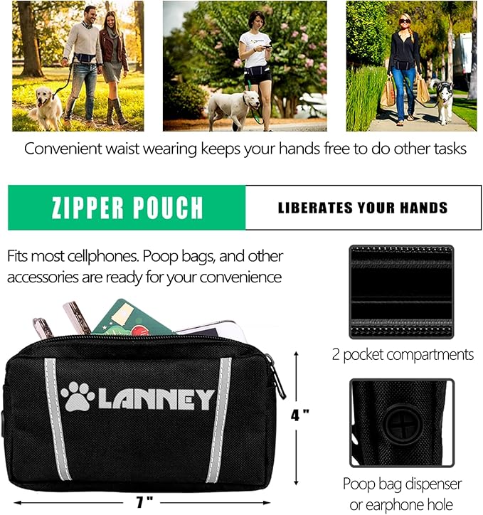 LANNEY Hands Free Dog Leash, Waist Running Leash with Zipper, Walking Pouch for Medium Large Dogs, Dual Handle and Retractable Bungee for Training Jogging Hiking(25-120 lbs, Teal)