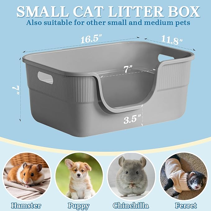 Low Entry Kitty Litter Box for Small Cats, Kittens Litter Boxes with High Sides, Open Top, Anti-Splash Plastic Litter Pan for Medium Pets, Easy to Clean, 16.5" L*11.8" W*7" H (Grey)