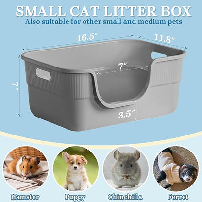 2 Pack Low Entry Kitty Litter Box for Small Cats, Kittens Litter Boxes with High Sides, Open Top, Anti-Splash Plastic Litter Pan for Medium Pets, Easy to Clean, 16.5" L*11.8" W*7" H (Grey)