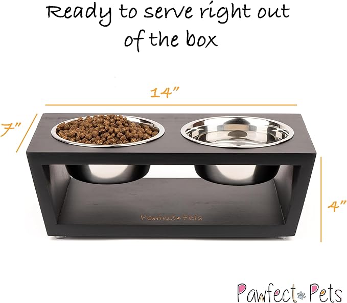 4" Tall Elevated Dog Bowls for Small Dogs, Food and Water Bowl Set by Pawfect Pets (Black)