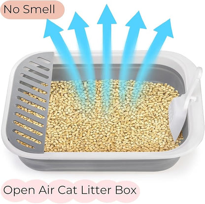 Collapsible Small Cat Litter Box, 17.7'' Open Foldable Kittens Potty with Scoop, Shallow Anti Splash Travel Cat Toilet, Semi Enclosed Height Adjustable Sides Litter Pan for Sick Frail Cat Grey