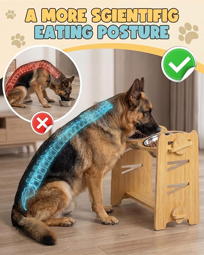 Elevated Dog Bowls, Adjustable Raised Dog Bowl Stand for Medium Large Size Dogs, 15°Tilted Elevated Dog Bowls, Durable Bamboo Dogs Feeder with 2 Stainless Steel Bowls and Non-Slip Feet