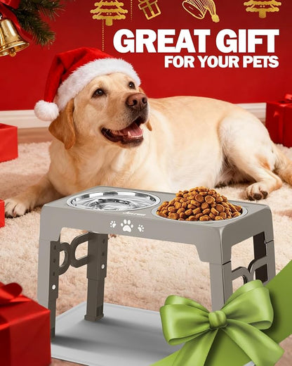 Elevated Dog Bowls for Medium Size Dogs with Mat, Non-Slip Dog Feeder with 1*Stainless Steel Dishes & 1*Slow Feeder Bowl, 5 Heights Adjustable Raised Bowls for 3.15″-8.66″-9.84″-11.02″-12.2″