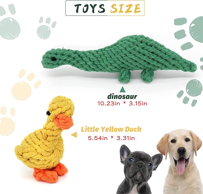 WishLotus 2Pc Dog Rope Toys, Cute Dinosaur and Yellow Duck Shaped Dog Toys for Aggressive Chewers, Cotton Dog Chew Toys for Small Medium Large Breed Teething (Dinosaur+Duck)