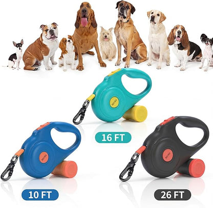 Retractable Dog Leash 16FT for Small & Medium Dogs, Sturdy Heavy-Duty Nylon Tape with Secure Locking Carabiner & Poop Bag Holder, Smooth One-Hand Control, Anti-Slip Handle, Tangle-Free Design (Black)