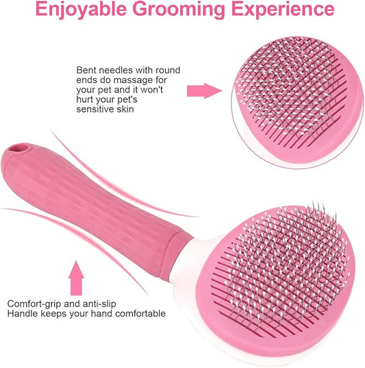 Depets Self Cleaning Slicker Brush, Dog Cat Bunny Pet Grooming Shedding Brush - Easy to Remove Loose Undercoat, Pet Massaging Tool Suitable for Pets with Long or Short Hair Pink