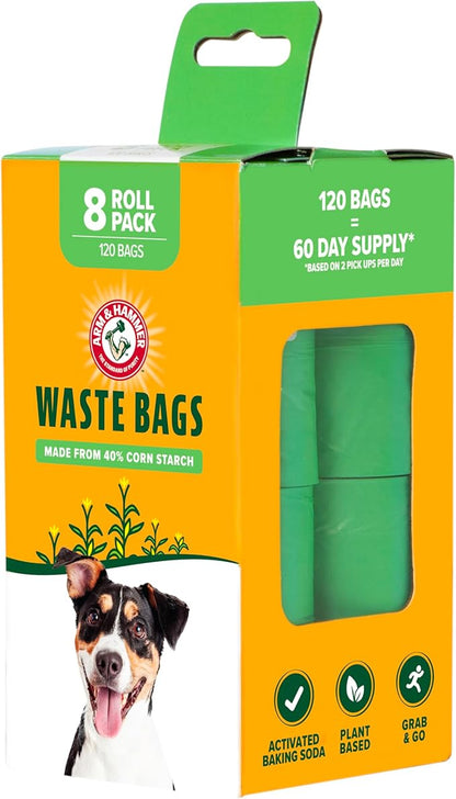 Arm & Hammer Dog Poop Leakproof Plant Based 120 Count Waste Bags, Unscented, Made From 40% Corn Starch With Activated Baking Soda, Pack of 8, Green