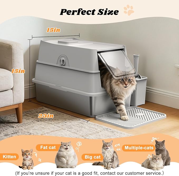 Stainless Steel Litter Box with Lid, XL Extra Large Metal Cat Litter Boxes for Big Cats Enclosed, Easy to Scoop with Scoop Set, High Sides Enclosure Anti-Urine Leakage Non-Sticky