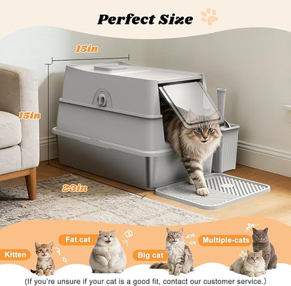 Stainless Steel Litter Box with Lid, XL Extra Large Metal Cat Litter Boxes for Big Cats Enclosed, Easy to Scoop with Scoop Set, High Sides Enclosure Anti-Urine Leakage Non-Sticky