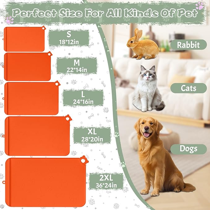 Dog Food Mat, Silicone Dog Mat for Food and Water -Pet Feeding Mats with Residue Collection Pocket, Waterproof Dog Cat Bowl Mats with Raised Edges and Hooks, Placemats for Cats and Dogs Water Bowl