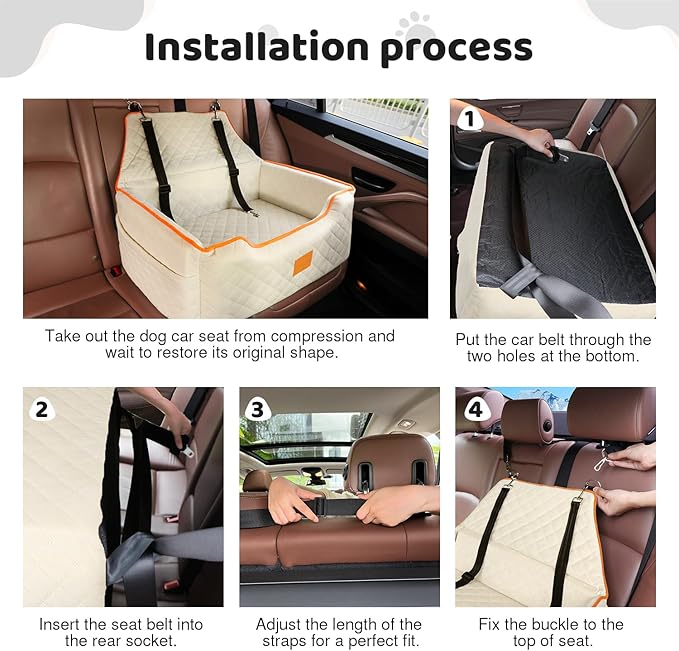 XIEEAOZEE Dog Car Seat for Large/Medium Dog, Booster Seat Under 55Lbs or 2 Small Dogs, Detachable and Washable Travel Pet Seat with Thick Cushion and Storage Pockets (Beige)