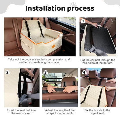 XIEEAOZEE Dog Car Seat for Large/Medium Dog, Booster Seat Under 55Lbs or 2 Small Dogs, Detachable and Washable Travel Pet Seat with Thick Cushion and Storage Pockets (Beige)
