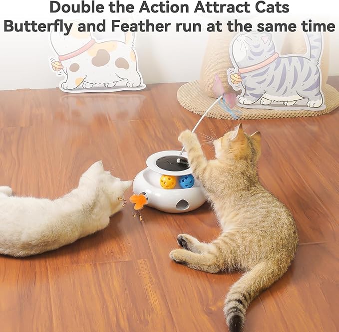 Cat Toys 3in1 Interactive Moving Ambush Feather, Spinning Butterfly, Track Balls, USB Rechargeable Automatic Activated Kitten Toys for Indoor Cats, Cat Feather Toy for All Breeds