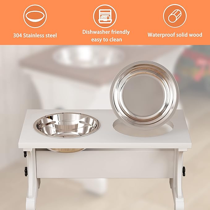 Piskyet Farmhouse Dog Bowls Stand, Elevated Dog Bowl with 2 Stainless Steel Wooden Bowls, 3.5Cups 8.6" H - 30 oz White