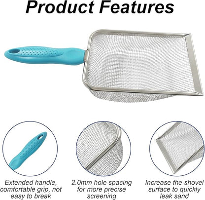 Murtenze Stainless Steel Cat Litter Scoop, Non-Stick Coated Metal Fine Sand Litter Scoop, Mesh Shovel for Reptile Kitten Pooper (Blue, 2mm mesh)