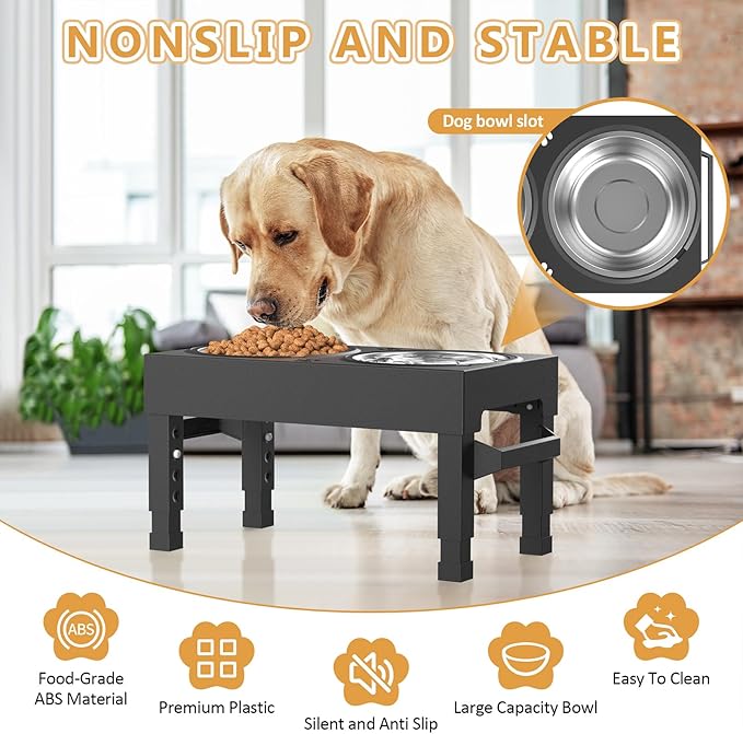 Elevated Dog Bowls Stand Large Breed, Height Adjustable Raised Dog Bowls Holder with 2 Stainless Steel Food Bowls for Small, Medium and Large Canine