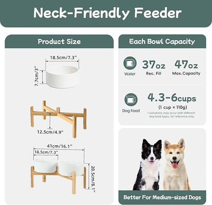Ceramic Raised Double Bowls Set with Stand, Food & Water Bowls for Medium Breed Dogs, Weighted Dog Dishes, Pet Bowl(7.3'',41OZ, White)