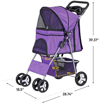 ZENY Foldable Pet Stroller, Cat/Dog Stroller with 4 Wheel, Pet Travel Carrier Strolling Cart with Storage Basket, Cup Holder (Purple)