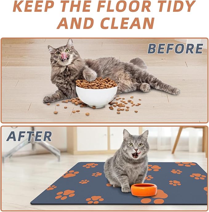 18"×30" Dog Food Mat-Absorbent Dog Mat for Food and Water, No Stains Quick Dry Cat Food Bowl Mat with Footprints for Messy Drinkers,Blue