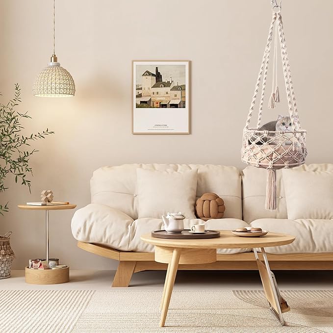Macrame Cat Hammock with Cushion Handwoven Boho Hanging Cat Bed Pet Kitten Swing Bed for Playing Sleeping Climbing and Lounging (120 cm)