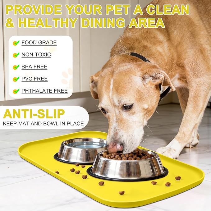 Silicone Pet Food Mat with Raised Edge for Food and Water Bowl, Dog Feeding Mats, Cat Food Trays for Floor Waterproof, Rubber Tray for Dogs and Cats, 24 x 16 x 0.8 Light Yellow