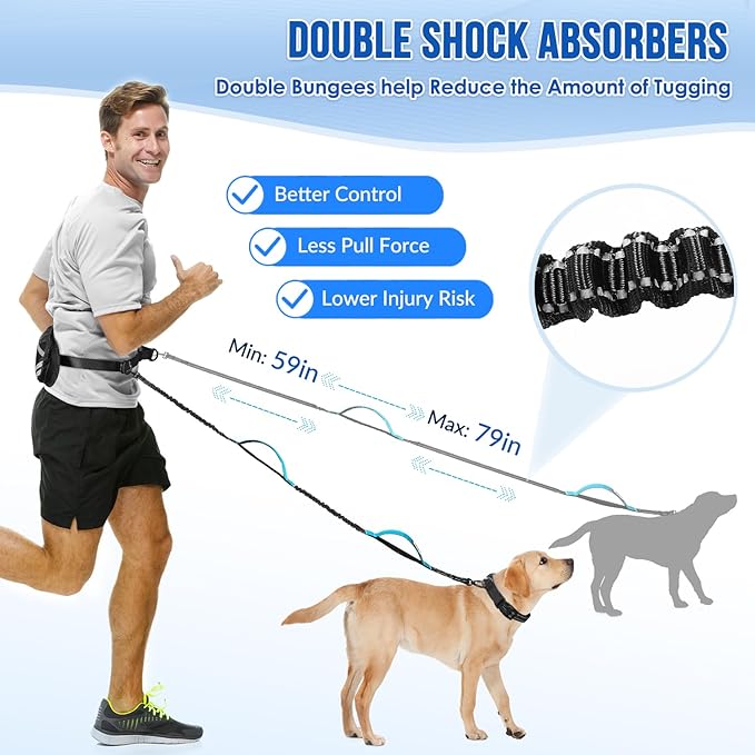 SlowTon Hands Free Dog Leash 2 Dogs - with Removable Zipper Pouch, Shock Absorbing Bungee, Dual Handle & Reflective Stitches, Wide Padded Adjustable Waist Leash for Dogs Walking Running, XL for 2 Dogs