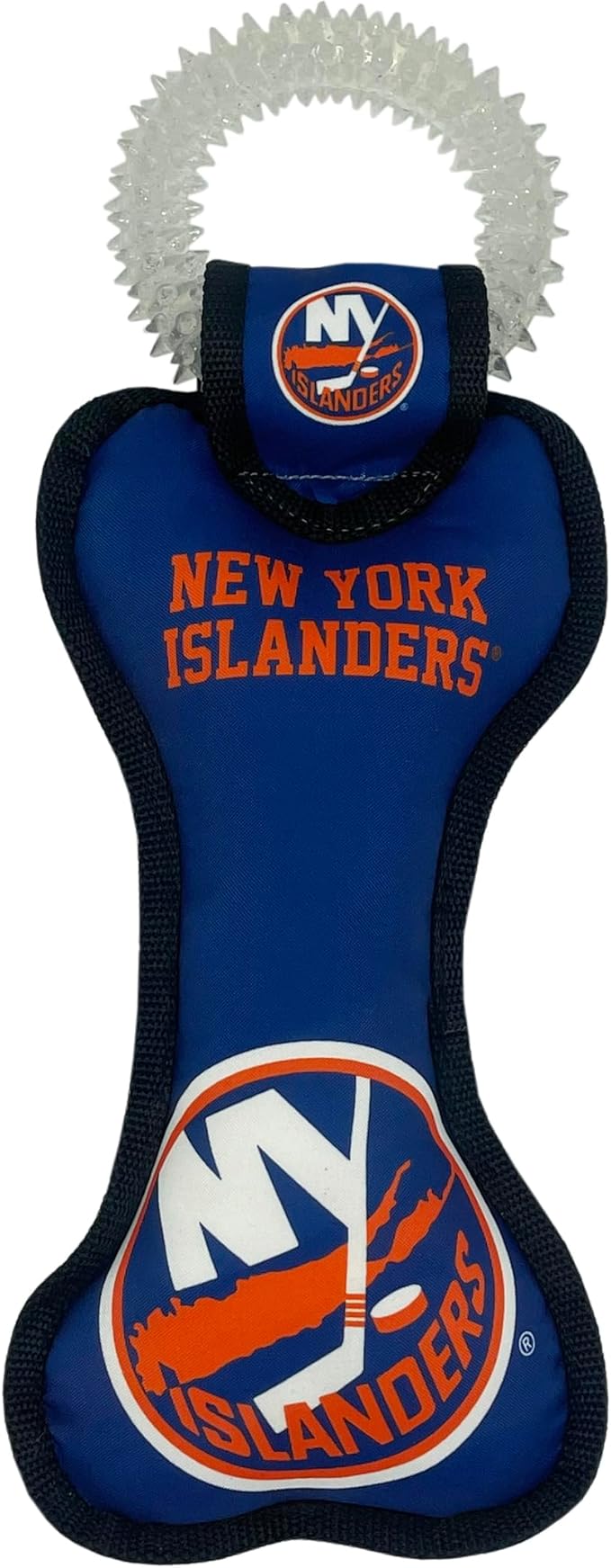 Pets First NHL New York Islanders Bone Shaped Dental Dog TUG Toy with Squeaker. Tough PET Toy for Healthy Fun, Teething, and Cleaning pet's Teeth and Gum.