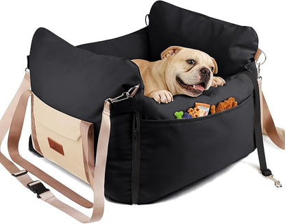 Dog Car Seats for Small Dogs, 2-in-1 Pet Booster Seat with Side-Zip Expandable Bed, Handles and a Storage Pocket, Clip-On Safety Leash and PP Cotton Filling, Vehicle Bed for Puppy up to 25 lbs (Black)