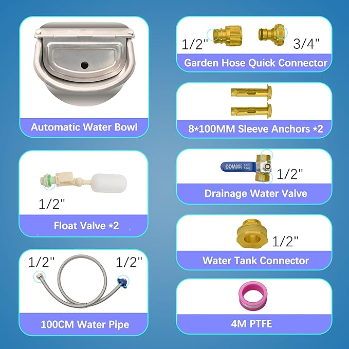 Automatic Dog Water Dispenser with Drain Hole & Drain Valve, Stainless Steel Auto Dog Water Bowl with 2 Float Valves, Hose Quick Connect Fitting, for Livestock, Chicken, Horse (3 Gallons)