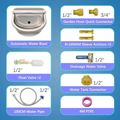 Automatic Dog Water Dispenser with Drain Hole & Drain Valve, Stainless Steel Auto Dog Water Bowl with 2 Float Valves, Hose Quick Connect Fitting, for Livestock, Chicken, Horse (3 Gallons)