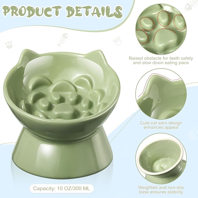 2 Pcs Ceramic Raised Slow Feeder Cat Bowl, 5.91inch Elevated Cat Slow Feeder Bowl Tilted Anti Vomiting for Dry Wet Food and Water Easy to Clean High Edge(Green, Blue)