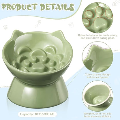2 Pcs Ceramic Raised Slow Feeder Cat Bowl, 5.91inch Elevated Cat Slow Feeder Bowl Tilted Anti Vomiting for Dry Wet Food and Water Easy to Clean High Edge(Green, Blue)