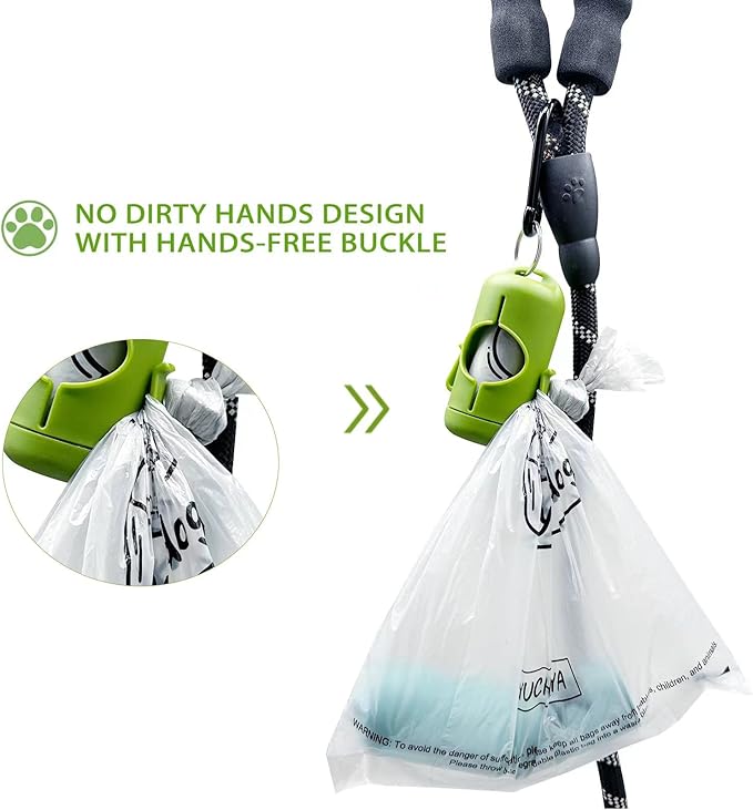Dog Poop Bag Holder with Leash Clip, Adjustable Strap & 2-Side Hooks for Used Dog Waste Bags (Green)