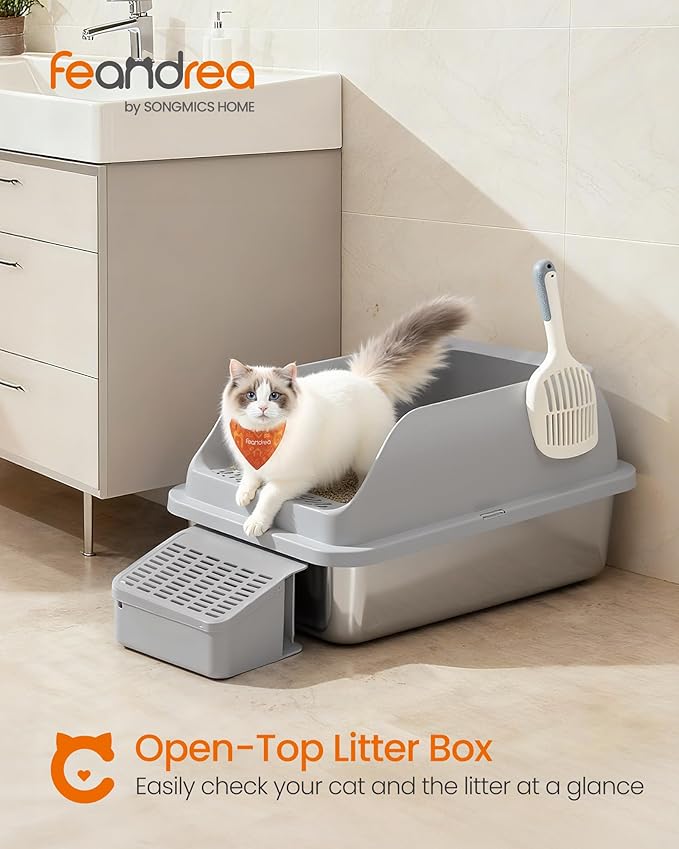 Feandrea Stainless Steel Cat Litter Box with Open Top, High Sided Litter Tray with Step, Scoop, Brush, for Cats up to 33 lb, Dove Gray UPPT008GN01