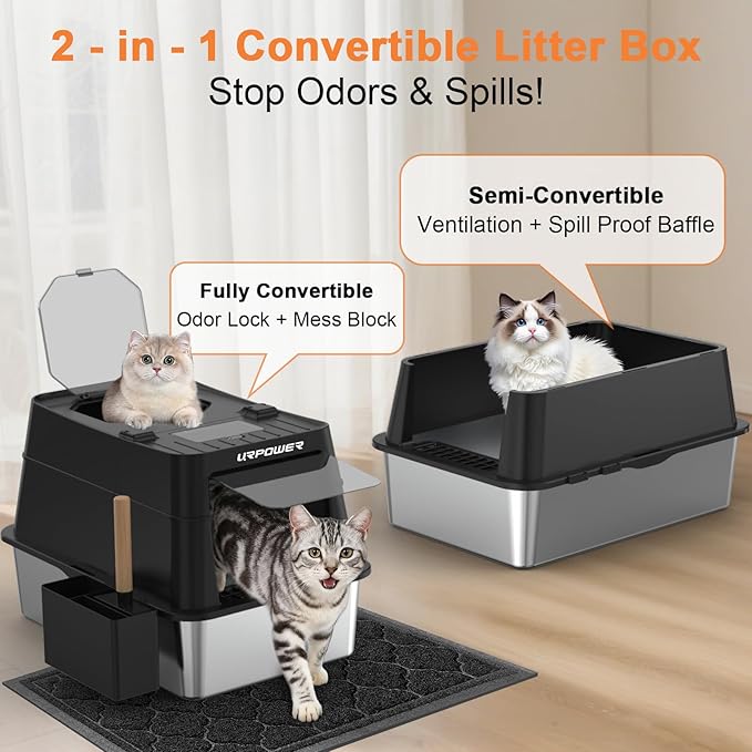 URPOWER Stainless Steel Cat Litter Box with Lid 110° Flip-Top Extra Large Enclosed Litter Box Non-Sticky Metal Pan with High Sided & Scoop, Odor Free, Front & Top Entry, Anti-Leakage, Easy Cleaning