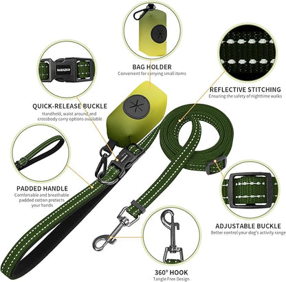 Kazazoo Hands-Free Dog Leash with Poop Bag Holder, Adjustable 4-7 Ft Waist for Dog Walking, Running for Small & Medium Dogs with Reflective Strips, Nylon Waist Belt, Green