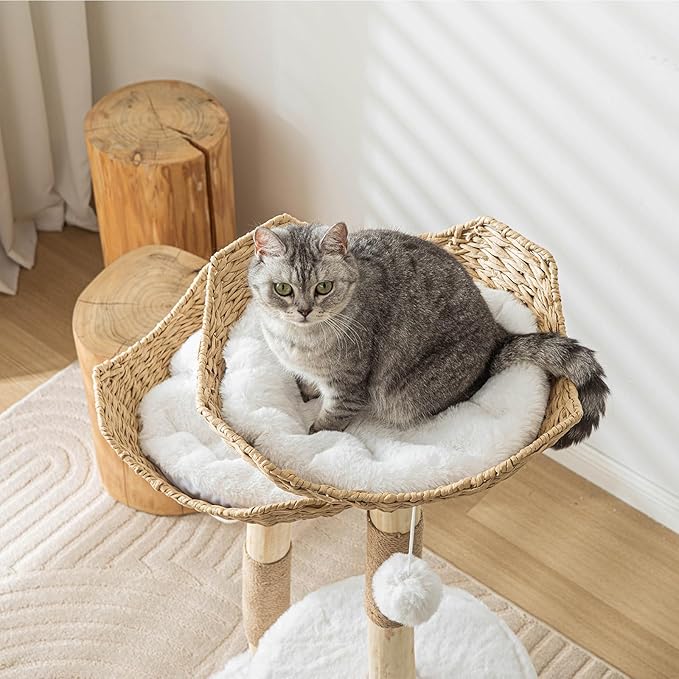 Modern Cat Tree for Indoor Cats Large Adult, 46.5" Tall Wooden Cat Tower for Large Cats with Scratching Post, Luxury Cat Condo, White