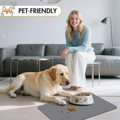 Newest Diatomite Stone Pet Feeding Mat for Dog&Cat–Super Absorbent Diatomite Fast Drying Stone Dog Food Mat, Quick Dry Dog Mats for Food and Water with Non-Slip Pad (24×16'', Dark Gray, Square)